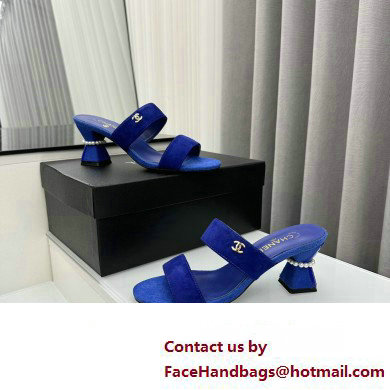 Chanel Kid Suede  &  Imitation Pearls Mules G45685 Blue 2024